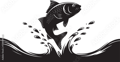 Jumping fish silhouette breaking water.