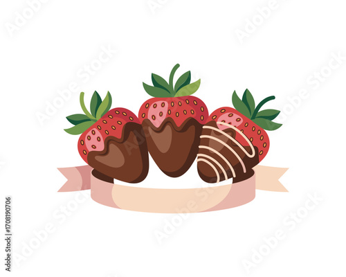 Three chocolate covered strawberries with a ribbon