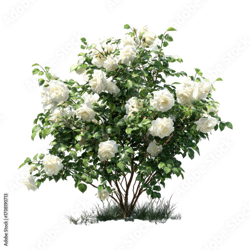 Lush white rose bush, full of blooms