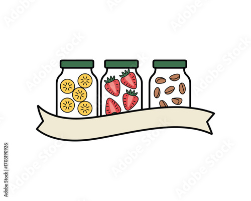 Three glass jars filled strawberry fruits and nuts on a banner