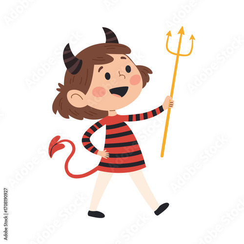 Cute Little girl in Devil Costume with Horns Vector Illustration