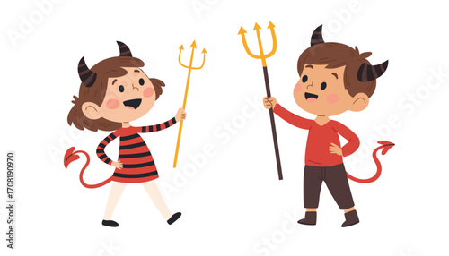 Cute Little Boy and Girl in Devil Costume Vector Illustration Set