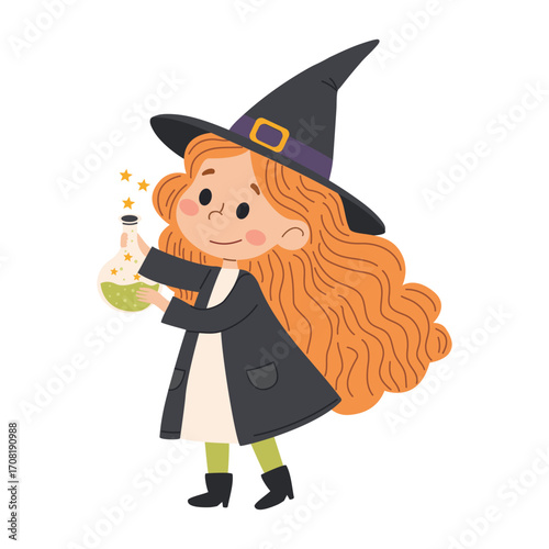 Cute little girl dressed as a witch with magic potion. Vector illustration.