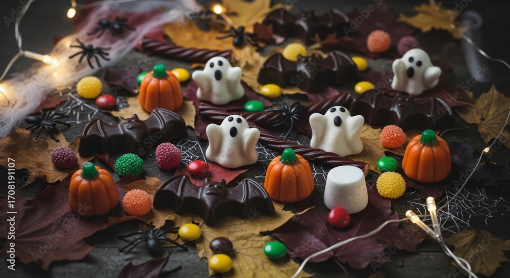 Naklejka premium Halloween-themed chocolate treats with pumpkins and ghosts on leaves