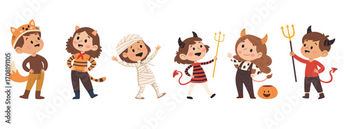 Set of cute kids in halloween costumes. Trick or treat.  Vector illustration in cartoon style.