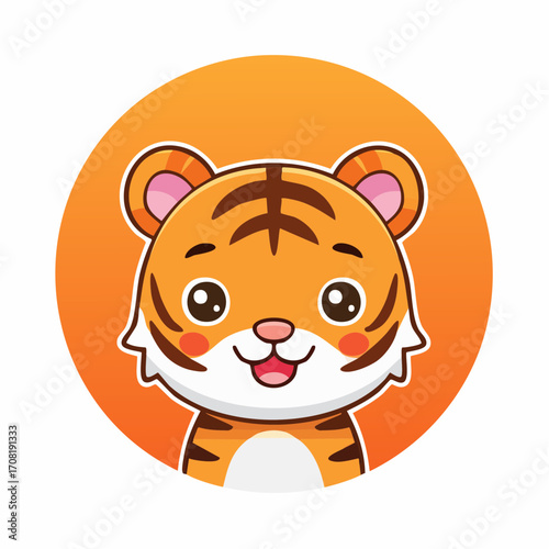 Adorable Indian Tiger Cub Cartoon Portrait in a Vibrant Orange Circle
