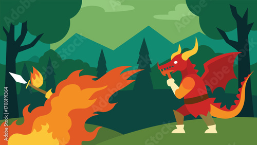 Brave knight battles fierce fire breathing dragon in fantasy forest illustration
