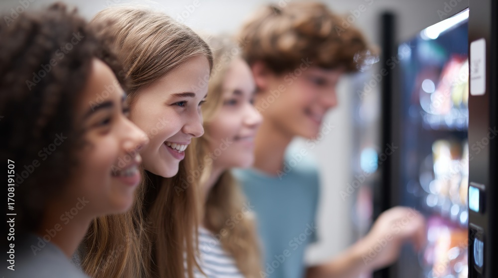 Obraz premium A group of young people are smiling and looking at a vending machine