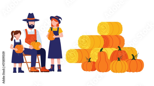 Autumn Harvest Family: A heartwarming illustration portrays a family's autumn harvest day. The scene showcases a family, their orange pumpkins.