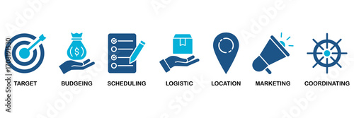 Event management icon set In Blue Monochrome Flat Design vector illustration concept for target, budgeting, scheduling, logistics, location, marketing, and coordination
