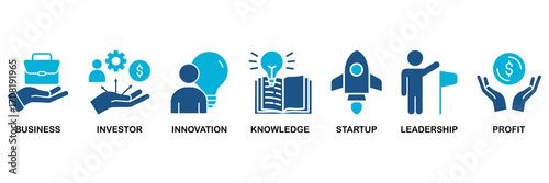 Enterpreneur icon set In Blue Monochrome Flat Design vector illustration concept for business, investor, innovation, knowledge, startup, leadership and profit