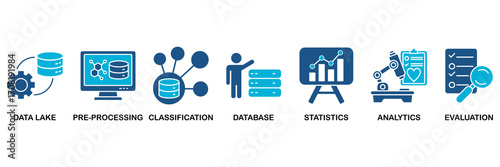 Data engineering icon set In Blue Monochrome Flat Design vector illustration concept for data lake, pre-processing, classification, database, statistics, analytics and evaluation