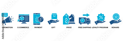Shopping icon set In Blue Monochrome Flat Design vector illustration concept for promotion, ecommerce, payment, gift, price, free shipping, loyalty, reward