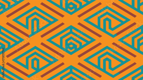 Repeating Geometric Pattern of Interlocking Lines and Shapes in Orange Teal and Brown Keywords: abstract, geometric, pattern, repeating, design, art, graphic, background, symmetrical, interlocking