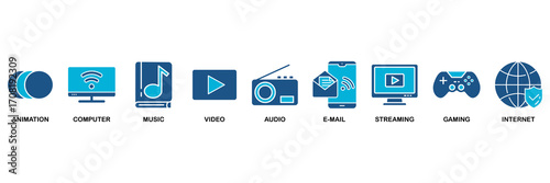 Multimedia icon set In Blue Monochrome Flat Design vector illustration concept for animation, computer, music, video, audio, e-mail, streaming, gaming and internet
