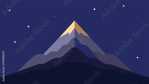 Minimalist vector art of a solitary mountain peak under a starry night sky