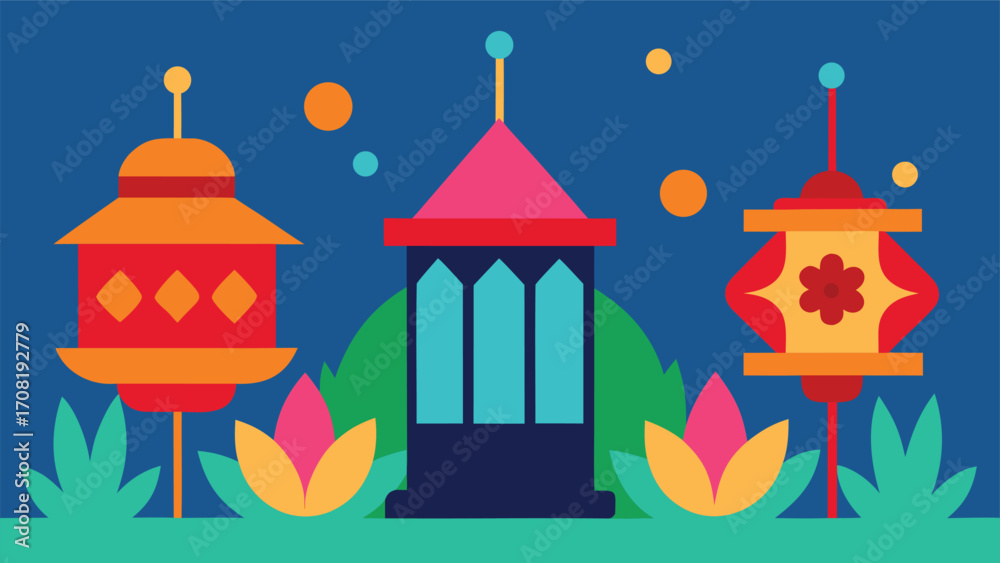 Fototapeta premium Colorful minimalist islamic lanterns illustration festive night sky with stars and foliage