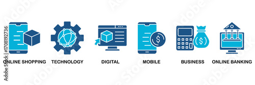 E-Payment icon set In Blue Monochrome Flat Design vector illustration concept for internet banking with icon of online shopping, technology, digital, mobile, business and online banking�