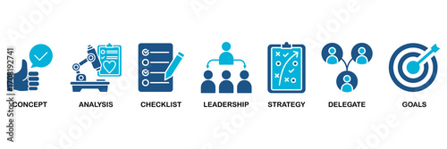 Planning icon set In Blue Monochrome Flat Design vector illustration concept for concept, analysis, checklist, leadership, strategy, delegate and goals
