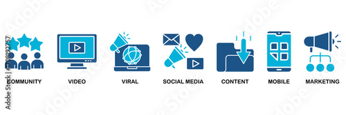 SMM icon set In Blue Monochrome Flat Design vector illustration concept for social media marketing with icon of community, video, viral, social media, content, mobile and marketing
