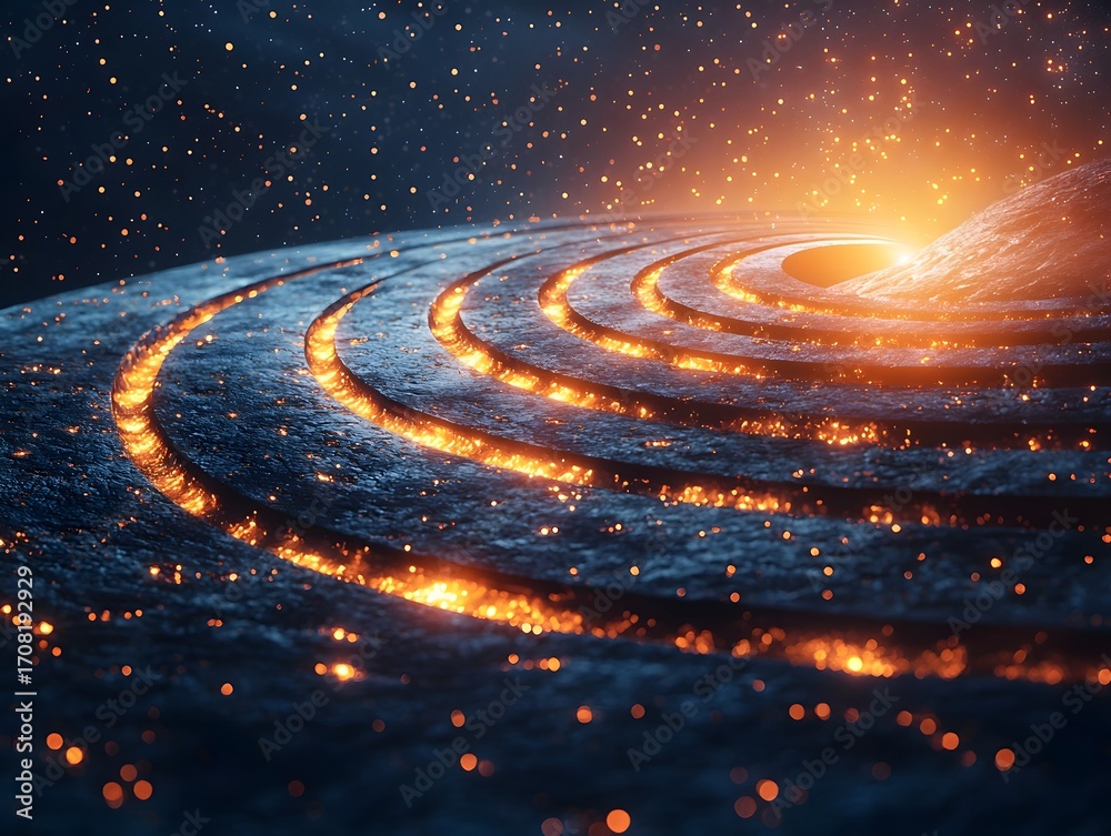 Obraz premium Abstract cosmic rings with glowing orange energy resembling planetary orbits or a galaxy s accretion disk in deep space