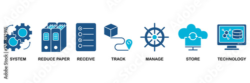 Document management icon set In Blue Monochrome Flat Design vector illustration concept for system, reduce paper, receive, track, manage, store, cloud and technology