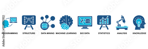 Data science icon set In Blue Monochrome Flat Design vector illustration concept for programming, structure, data mining, machine learning, big data, statistics, analysis, knowledge