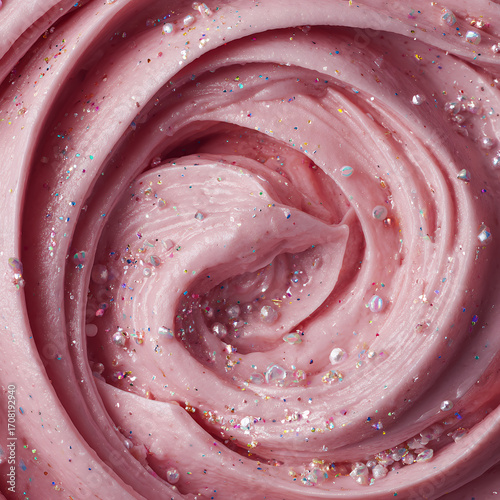 Pink Buttercream Swirl With Glitter and Pearls, Macro Dessert Texture