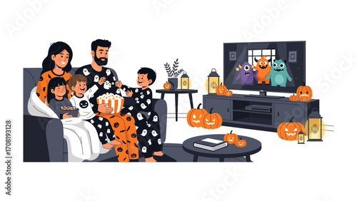 Halloween Family Movie Night: A cozy family gathers in their living room, popcorn in hand, eyes glued to the TV screen showcasing a Halloween-themed movie.