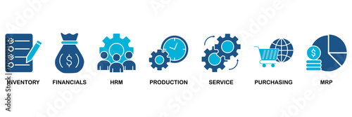 ERP banner web icon vector illustration concept for enterprise resource planning with icon of inventory, financials, hrm, production, service, purchasing, and mrp
