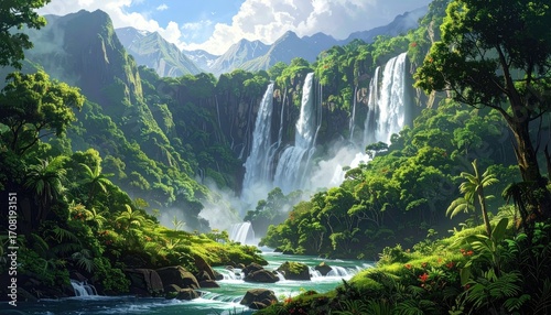 Lush Green Tropical Forest with Cascading Waterfalls and Bright Blue Sky Artistic Digital Landscape