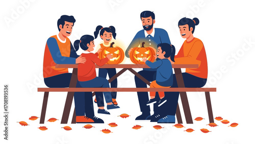 Harvest Gathering: Illustration of a joyful family, gathered around a table adorned with carved pumpkins, celebrating Halloween amid falling leaves, capturing a sense of warmth and togetherness.