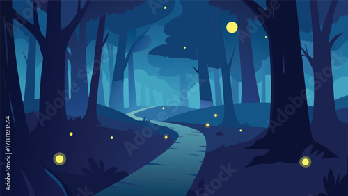 Magical moonlit forest path winding through ancient trees with glowing orbs vector illustration
