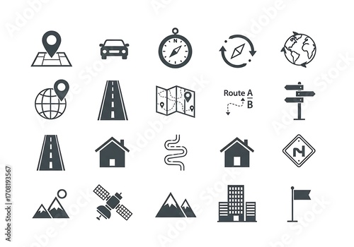 Set of navigation and travel icons on white background