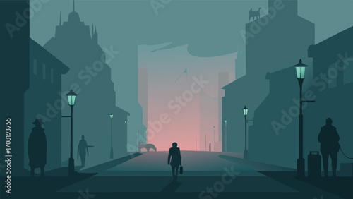 Mysterious foggy city street at dawn with silhouette of a person walking towards light