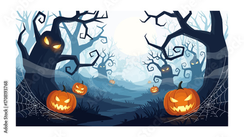 Spooky Halloween Night: A whimsical illustration of Halloween unfolds, with sinister trees and grinning jack-o'-lanterns that glow eerily.
