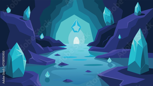 Mystical glowing crystal cave landscape vector illustration magical fantasy environment scalable