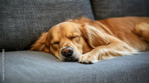 A golden retriever dog sleeping on a gray couch.