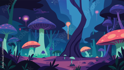 Enchanting mystical forest scene with giant bioluminescent mushrooms