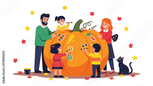 Pumpkin Patch Craft: A family gathers to decorate a massive pumpkin with autumn leaves and stickers. Celebrating family moments