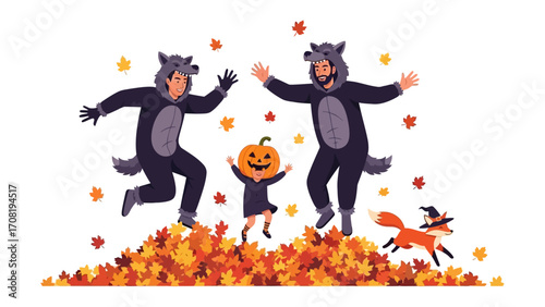 Halloween fun: A joyful illustration of a family and fox immersed in the spirit of Halloween, capturing the essence of autumn with costumes and a carved pumpkin.