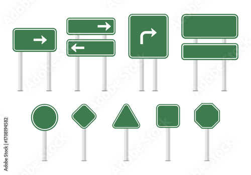 Vector art of collection of various green traffic and road signs