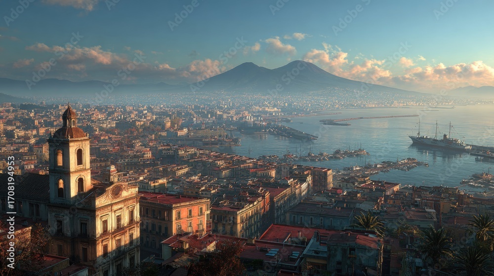 Obraz premium Breathtaking View of Naples with Mount Vesuvius and Tranquil Harbor at Sunrise