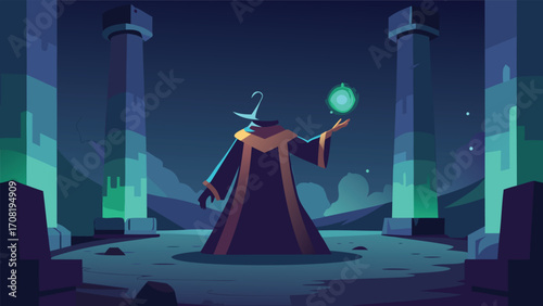 Mystical wizard casting spell ancient temple magical power sorcery enchantment ritual vector illustration