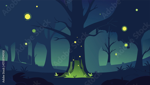 Enchanting mystical night scene with glowing fireflies and lush forest illustration vector