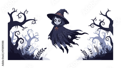 Spooky Witch Floating in the Forest: A spooky witch hovers mid-air amidst haunting silhouette trees in a bewitching enchanted forest scene.