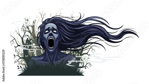 Screaming Spirit Illustration: A haunting, digital illustration depicts a spectral entity with flowing hair, mouth agape in a chilling scream, set against an eerie backdrop of a misty graveyard.