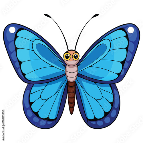 Cartoon blue butterfly with big eyes and antennae on a white background Keywords: butterfly, insect