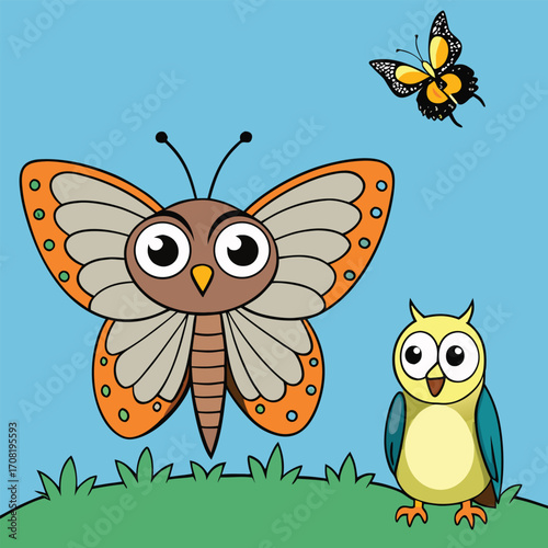 Cartoon butterfly and owl on grass with a butterfly flying above Keywords: butterfly, owl, insect, bird