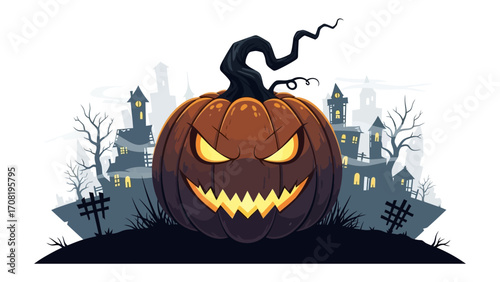 Eerie Pumpkin Halloween: A chilling pumpkin with a menacing grin casts an eerie glow against a silhouetted cityscape, perfect for spooky holiday decorations and events.